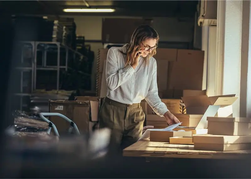 People using laptop while packaging items